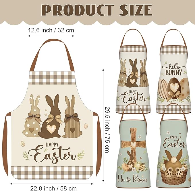 4 Pack 23x30 Inch Easter Bunny Eggs Aprons Buffalo Plaid Aprons Vintage Chef Bib Adjustable Washable Kitchen Aprons(Classic Style)