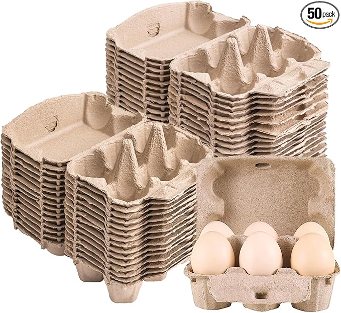 50 Pack Half Dozen Egg Cartons, Blank Natural Pulp Egg Carton Bulk 6 Count for Chicken Eggs and Duck Eggs, Reusable, Protects, Egg Storage Containers for Home Kitchen and Farmhouse (50 PCS 6 Count)