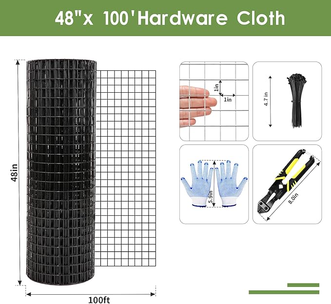 Tongmo 48" x 100' Black Hardware Cloth, 1inch Mesh Chicken Wire Fence, 19 Gauge Vinyl Coated Wire and Welded Wire Roll,Garden Fence, Poultry Netting for Rabbit/Duck/Chicken Coop