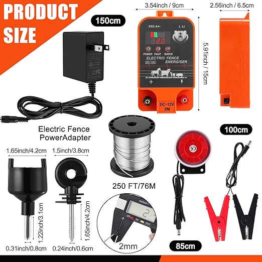 2.5j Electric Fence Charger with Digital Display & Alarm, Ac Dc 2 in 1 Power, 12v Input 8kv/12kv Output, 50 Black Electric Fence Insulator, 1 Socket Tool, 250ft Aluminum Wire Animal Control
