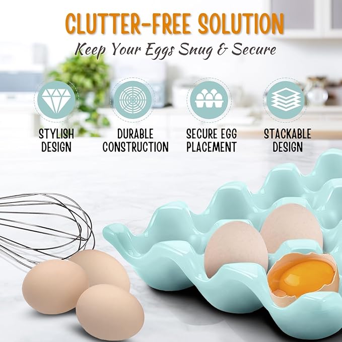 Flexzion 12 + 6 Cups Ceramic Egg Holder for Fridge - 18 Porcelain Egg Tray Container Keeper Storage Organizer Decorative Serving Stand Serveware for Refrigerator Countertop Display Kitchen (Blue)
