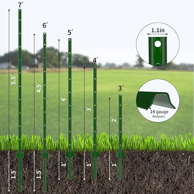 Fence Posts 6 Feet, Pack of 10, 3-4-5-6-7Ft Heavy Duty Garden Metal Steel Fence Post with U-Channel, No Dig Steel U Post Fencing for Lawn, Garden