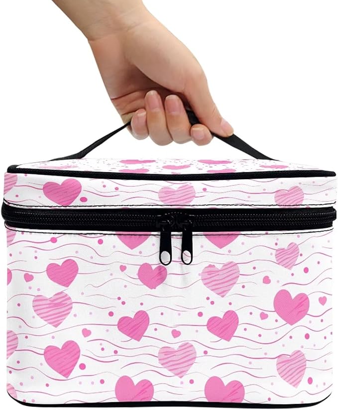 Travel Makeup Bags for Women Portable Tote Cosmetic Case with Carry Handle Toiletry Accessories Storage Organizer Bags for Valentine's Day, Heart Shapes Pink