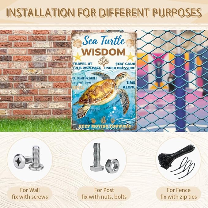 WADORN Funny Sea Turtle Metal Tin Sign, 8x12 Inch Sea Turtle Wisdom Retro Tin Sign Friends Inspirational Gift Wall Art Decor Plaque for Home Office Bedroom Beach Theme Party Bathroom Garage Man Cave