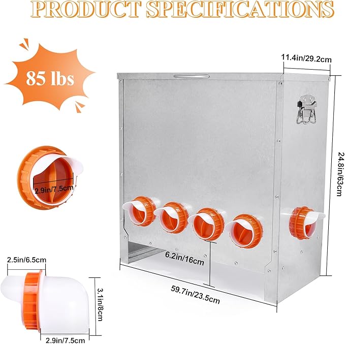Automatic Chicken Feeder No Waste Large Capacity 85lbs 10-Ports Metal Poultry Feeder with Pull Handle for Chickens Geese Ducks Poultry Coop Weatherproof Design