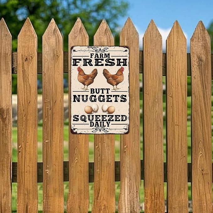 Funny Chicken Coop Tin Sign Vintage Farm Fresh Butt Nuggets Chicken Metal Sign Home Kitchen Outdoor Farmhouse Garden Wall Decor Poster 12x8 Inch