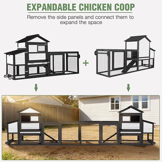 Mobile Chicken Coop with Wheels, Large Outdoor Hen House with Run for 4-6 Chickens, Weatherproof Asphalt Roof, Sectionable Nesting Box & Pull-Out Tray, 82.4" L x 25.8" W x 44.1" H - Black