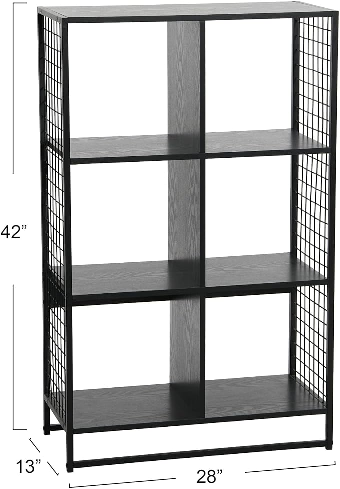 Household Essentials Trellis Open Storage Bookshelf with 6 Cube Compartments Black Oak Wood Grain and Black Metal