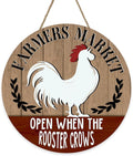 Farmers Market Open When The Rooster Crows Front Door Sign, Vintage Farmhouse Chicken Wood Hanger Outdoor Home Decor, Rustic Country Wooden Wreath Indoor Wall Hanging Decoration Farm Gifts
