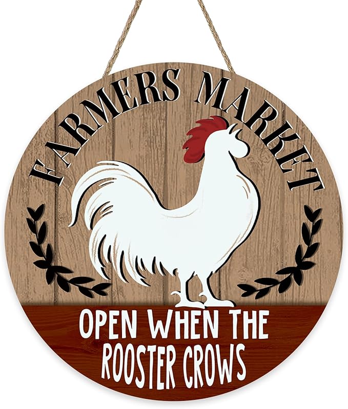 Farmers Market Open When The Rooster Crows Front Door Sign, Vintage Farmhouse Chicken Wood Hanger Outdoor Home Decor, Rustic Country Wooden Wreath Indoor Wall Hanging Decoration Farm Gifts