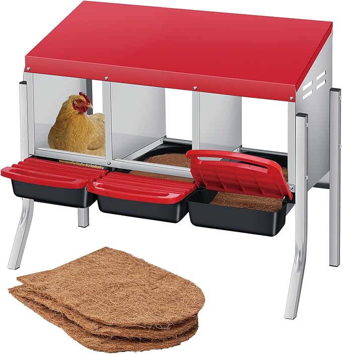 Chicken Nesting Box with Nesting Pads, Galvanized Steel Nest with Roll Away Egg Collection & Swing Perch, Easy-Clean Laying Box for Hens, Heavy Duty Design for Chicken Coop