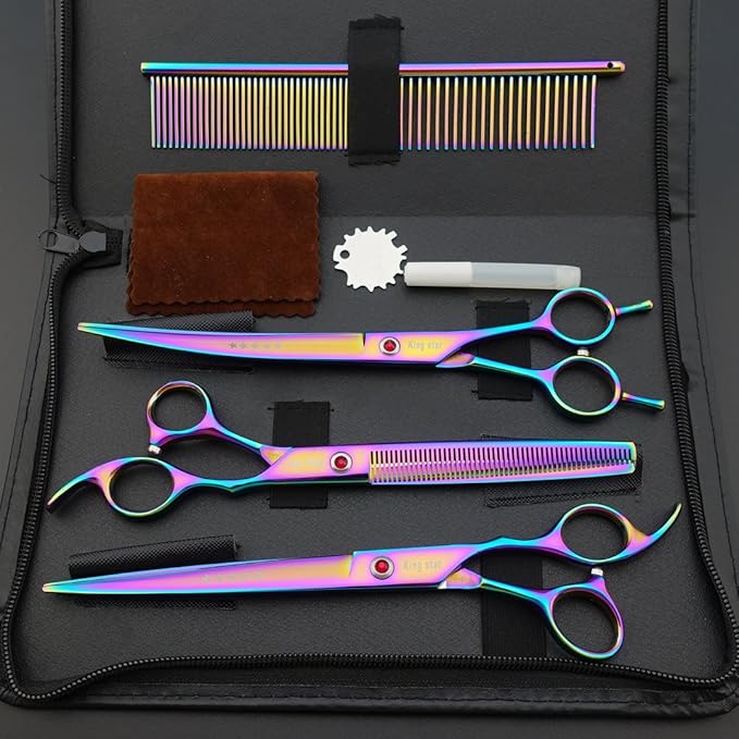 KINGSTAR 8.0in. Professional Pet Grooming Scissors Set,Titatium Plated Straight & Thinning & Curved Scissors Set with Comb,Dog Grooming,A563