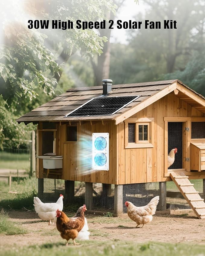 30W Dual Solar Fan Kit for Outside Greenhouse Shed Chicken Coop, IPX7 Waterproof Solar Panel Fan kit with 9.8 FT Power Cord, PV Powerd Cooling Fan for Pet House