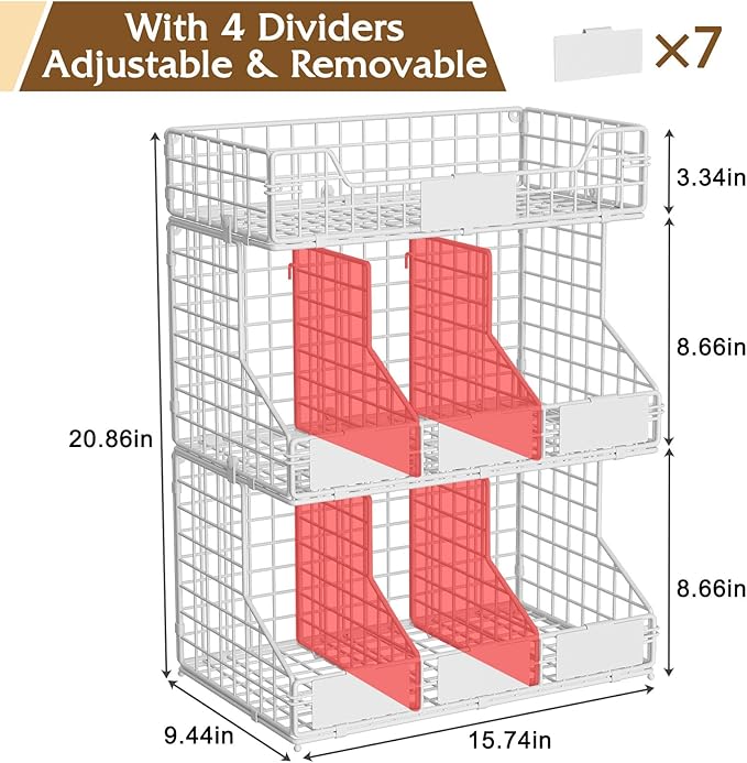 X-cosrack Egg Holder Countertop, 3 Tier Egg Rack with Labels Dividers to Separate Eggs, Stackable Wire Baskets for Fresh Egg, XXL Egg Dispenser for Countertop/Wall-Mounted, White (Patent Pending)