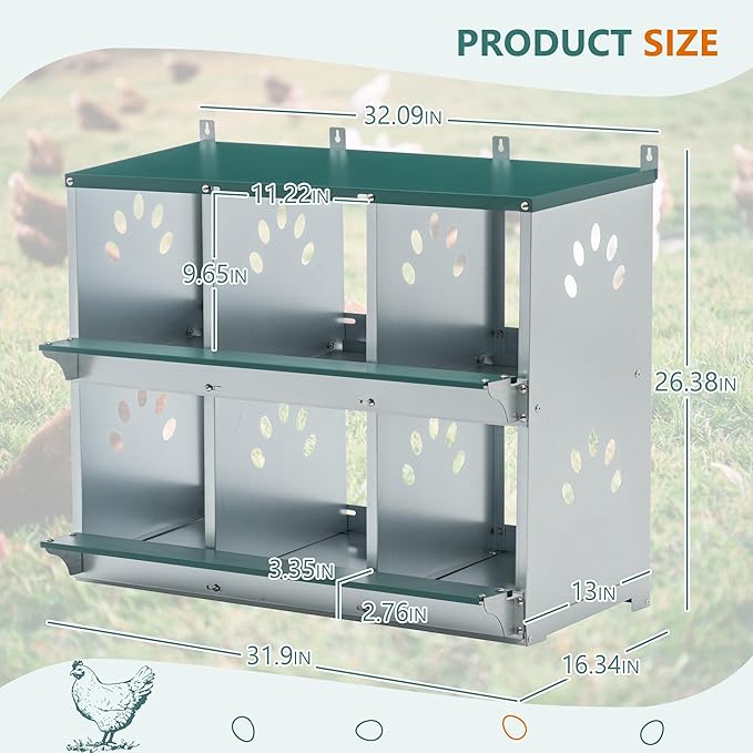 3/4/6/8/10 Holes Chicken Nesting Box for Chickens Hens Ducks, Metal Nesting Boxes for Chickens Wall Mount Egg Laying Nesting Boxes for Chicken (Green, 6 Hole)