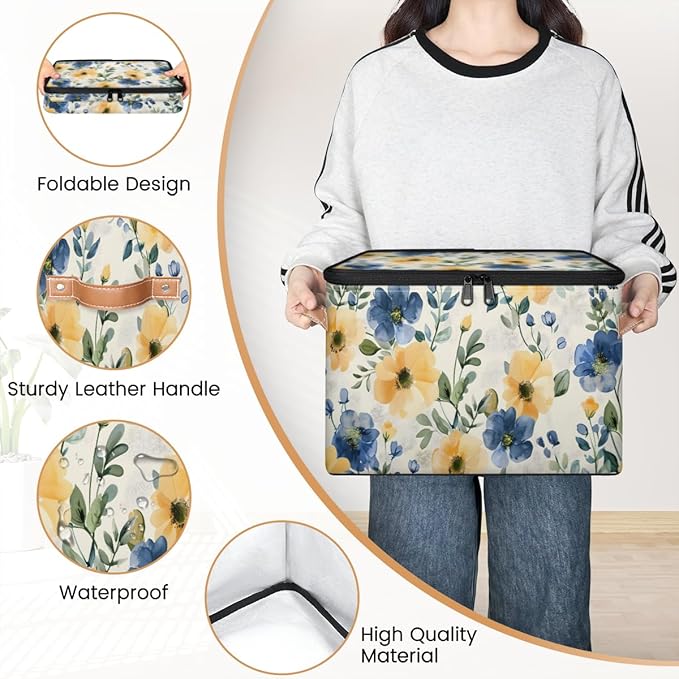 Watercolor Wildflowers Storage Bins with Lids, Blue Yellow Floral Fabric Storage Boxes with Zipper, Collapsible Decorative Closet Organizer Cube for Clothes, Organizing, Shelves