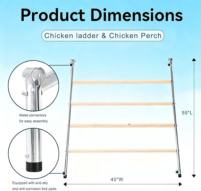 Chicken Roosting Ladder, 55" L x 40" W, 4-Level A-Frame Perch with Metal Frame, Multiple Wood Bars for Poultry Coop