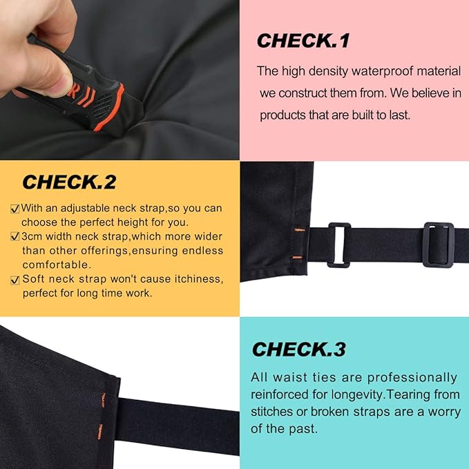 Waterproof Apron for Men and Women, Durable Heavy Duty Extra Long Adjustable Bib Apron for Kitchen Cooking, Dish Washing, Butcher, Dog Grooming, Lab work, Black