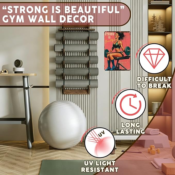 PEACHGARDEN Gym Decor Gym Girl Metal Signs Strong Is Beautiful Poster Girl Fitness Wall Art Decor Metal Tin Sign for Fitness Studio Workout Room Garage Kitchen 8x12inch
