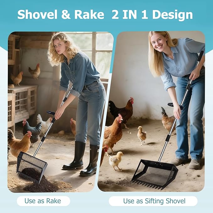 Funvalley Surperfect Chicken Poop Scooper & Rake 2-in-1,Long Handle Sifting Scoop for Coop Cleaning, Chicken Coop Cleaning Tool for Sand, Bedding & Poultry Habitat Supplies
