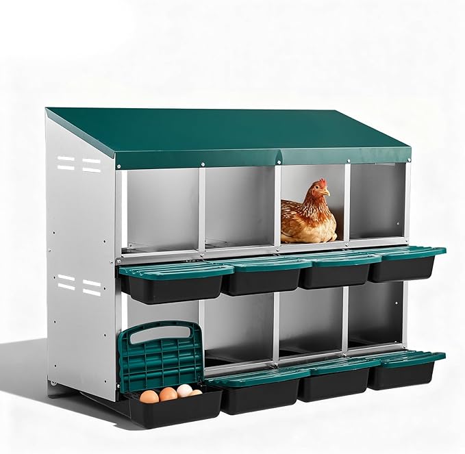 Outvita Chicken Nesting Boxes, 8 Compartments Metal Nesting Boxes for Chickens with Metal Legs, Wall Mount for Laying Eggs with Swing Perch and Roll Away Egg Collection for Chicken Coop, Green