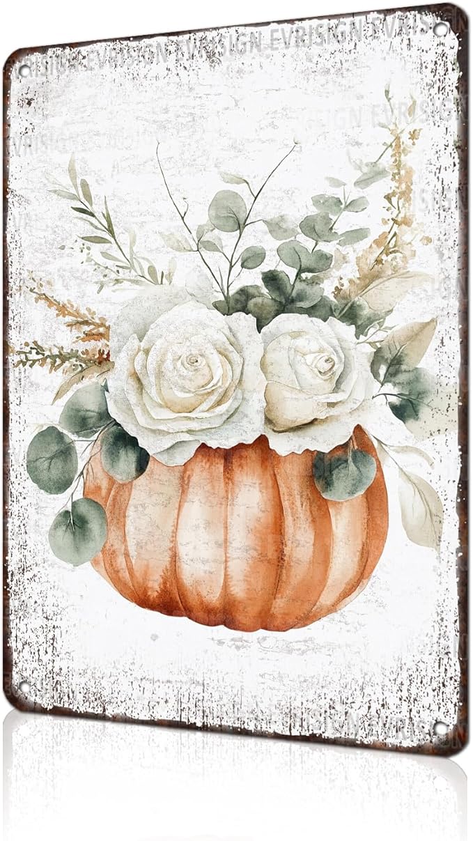 Vintage Pumpkin Metal Sign Fall Thanksgiving Tin Art Farmhouse Wall Decor for Home Cafe Bar Kitchen 8x12Inch