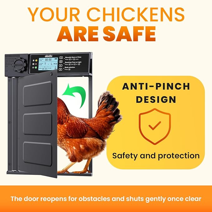 Automatic Chicken Coop Door PRO - Light Sensor & Timer - Anti-Pinch Function - Wide Opening - New Model - Solar Powered with LCD Display - 5 Year Protection