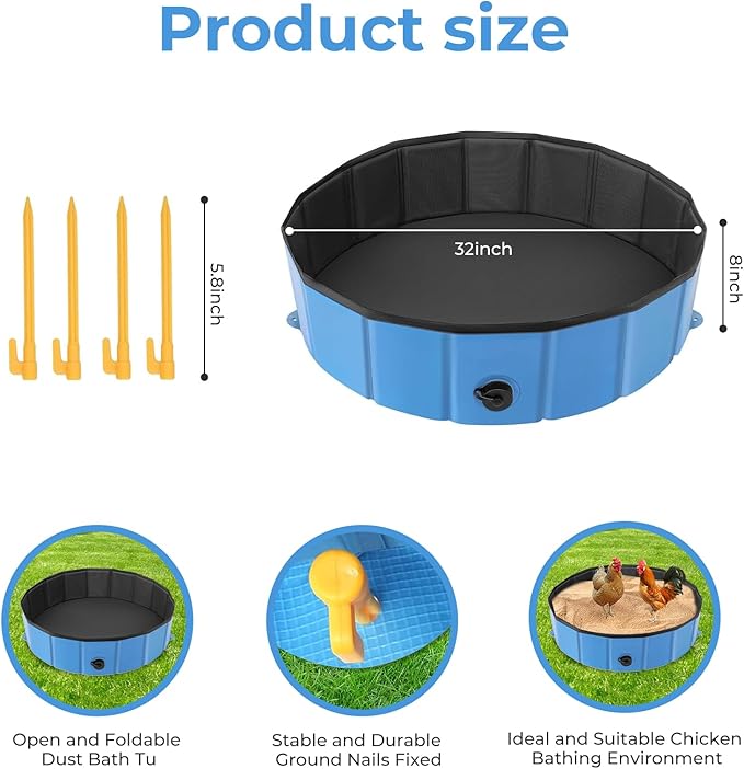Chicken Dust Bath Tub (32'' D * 8'' H), Foldable Design Extra Tough PVC Material Chicken Coop Lime, Dust Bath for Chickens, Chicken House Cleaner Container, Essential Chicken Coop Accessories Blue