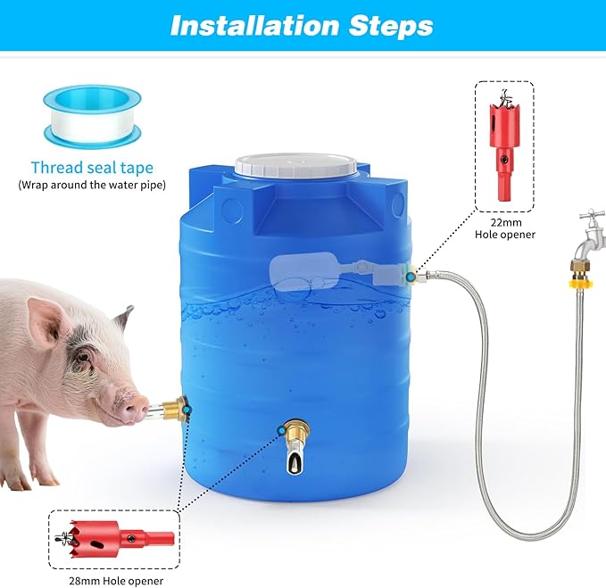 Automatic Pig Waterer Nipple System, Stainless Steel Pig Waterer with Brass Water Tank Connector Kit, Hog Water Drinker Feeder with Float Valve and Garden Hose for Pig Goats Piglets
