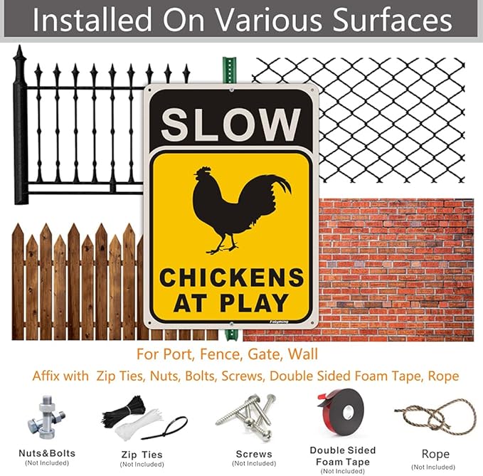 2 Pack Slow Chickens at Play Sign Chicken Crossing Sign 14 x 10 Inches Chicken Coop Signs for Farm Metal Reflective Rust Aluminum Weatherproof UV Protected Easy Mount Indoor Outdoor Use
