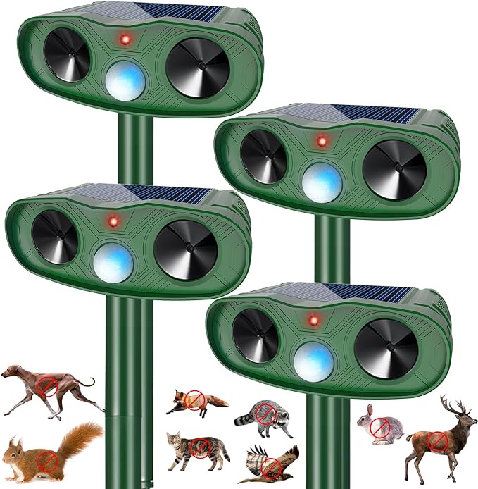 2026 IP65 Sonic Raccoon Fortress Pro Deer Repellent Outdoor, Solar Ultrasonic Animal Repellent Outdoor Squirrel Deterrent with Motion Sensor to Scare Cat Rabbit Skunk Dog Out of Garden Farm(4Pack)