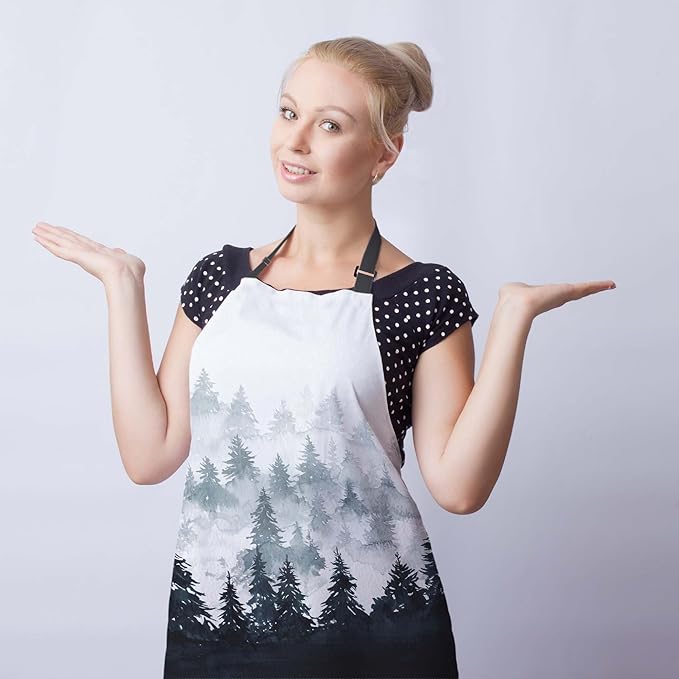 Chef Apron for Men Watercolor Mountains Landscape Trees Pinafore Aprons for Women for Kitchen Cooking Restaurant BBQ Painting Crafting 27” (W) x 31” (H), Waterproof Apron