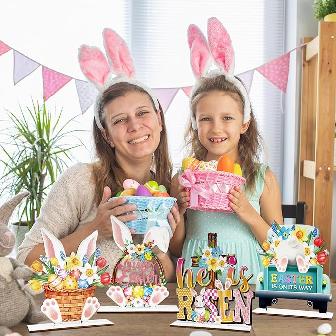 Easter Decor- 4pcs Wooden Easter Bunny Table Centerpieces for Tabletop Rustic Bunny Wood Table Sign with Eggs and Flower Ornament, Farmhouse Rabbit Decorations for home, Office, and Party Suppliers