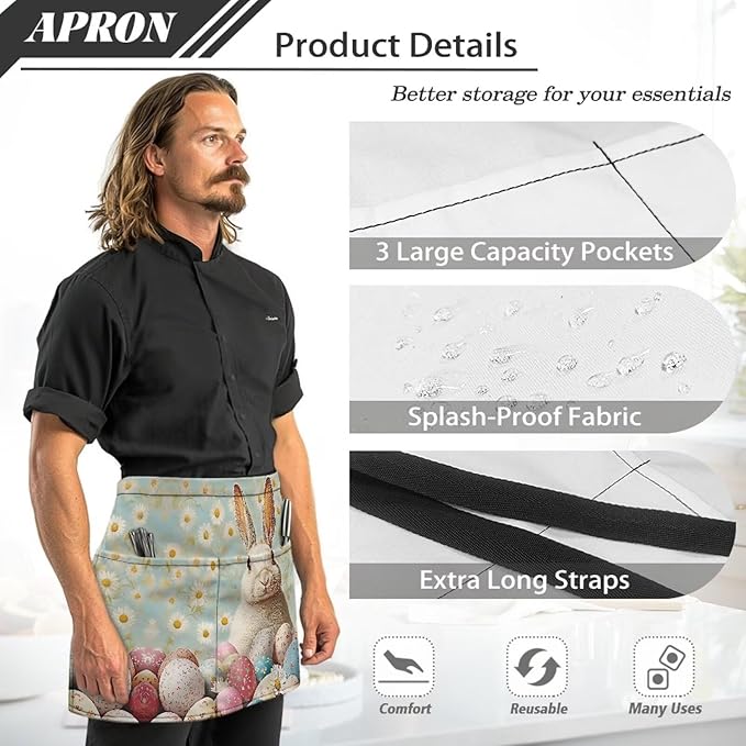 Waist Apron with 3 Pockets Waterproof 13 Inch Short Half Waist Aprons Women Men Server Aprons Waitress Waiter Apron