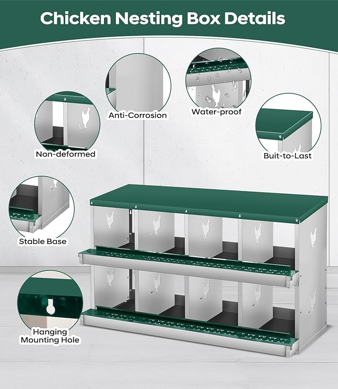 Egg Protection & Easy Clean - Metal Chicken Nesting Box for Small Animals - 8 Compartments, Wall Mount, No Legs, Ideal for Chicken Coop - Green, 8 Compartments, No Legs