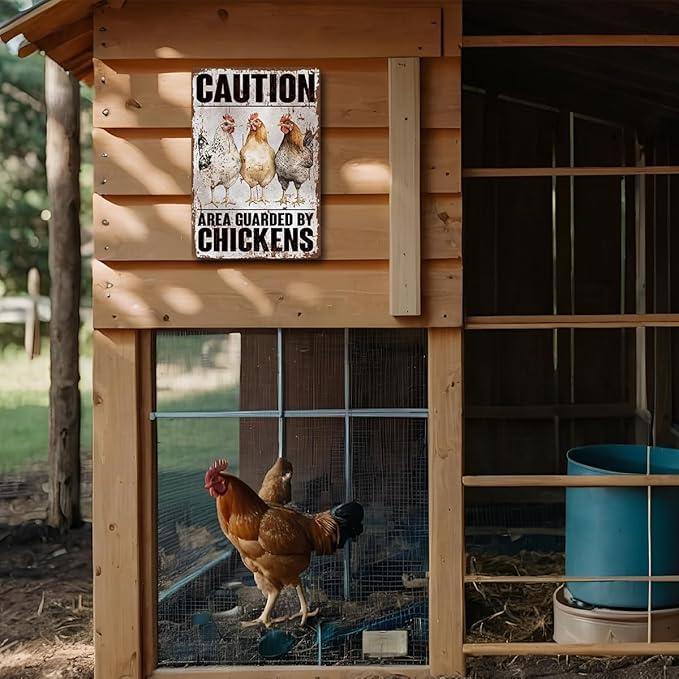 Rustic Vintage Metal Tin Signs, Caution Area Guarded By Chickens Metal Sign, Vintage Retro Rustic Patio Home Décor, Farmhouse Shop Sign, Chicken Lover Gift, Housewarming Gift, 11.8 * 7.9Inch
