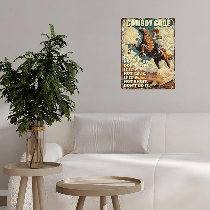 Retro Cowboy Riding Horse Cowboy Code Poster for Home Farm Outdoor Bathroom Restaurant Cafes Bars Club Kitchen Garage Cute Vintage Art Wall Decor 12 * 16inch