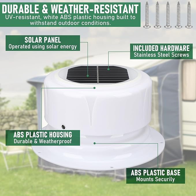 VIHOSE Rv Solar Ventilation Fan White ABS Solar Powered Ceiling Vent Exhaust Fan for RV, Camper, Marine, Shed, Trailer, Chicken Coop, Dog House, with Mounting Screws, Easy Install
