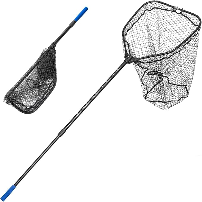 Large Telescoping Fishing Net, Folding Landing Net with Long Handle, Rubber Netting, Lightweight, Length 56″-75″, Hoop Size 20″ x 19″, Depth 20″, 25 lbs. Capacity