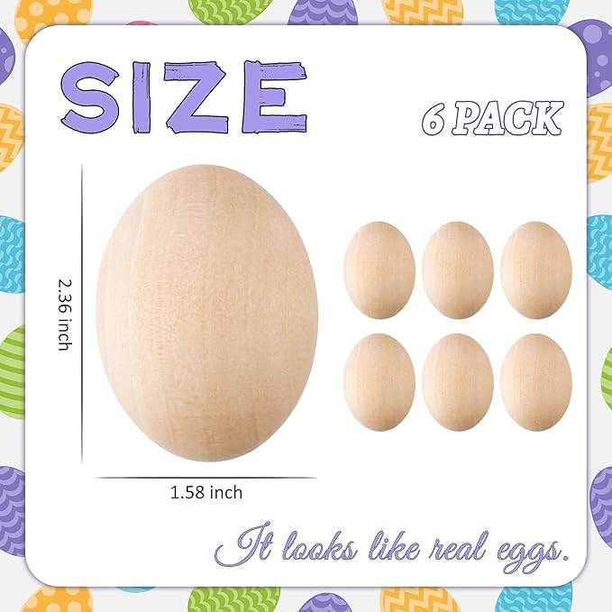 YunKo 6Pcs Wooden Easter Eggs Fake Wood Easter Unfinished Eggs to Paint for Crafts Home Decor