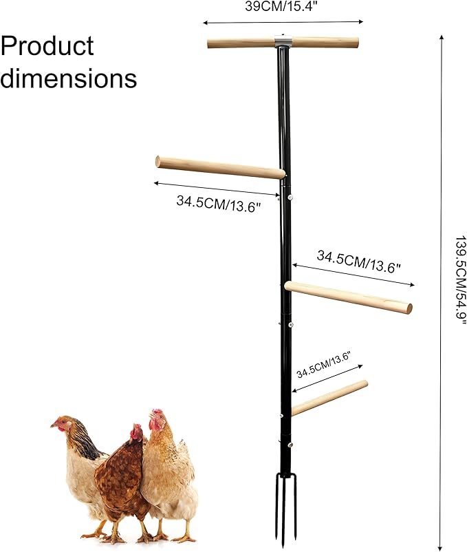 Large Chicken Perch Toys for Coop,Wooden Chicken Roosting Bars with 3 Legs Metal Ground Plug,1.25-Inch Thickened Steel Pipe, Improved and Upgraded Design of Wooden Pole Embedded in The Steel Pipe