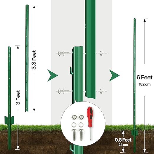 Fence Posts 6 Feet, Pack of 10, Metal Fence Poles U Post Sturdy Duty Fence Stakes Step in Post No Dig Fence Post for Garden Wire Fence Steel Sign Post (Requires Assembly)