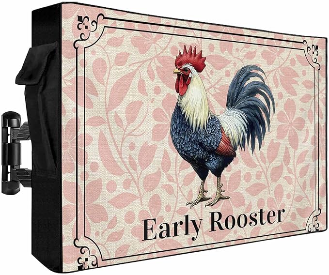 Waterproof Outdoor TV Cover 70 to 75 Inch, Farm Chicken Rooster on Vintage Linen Outside Flat Screen Televisions Weatherproof Cover Size 68"L x 42"H, Pink Flower Plant TV Protector With Zipper