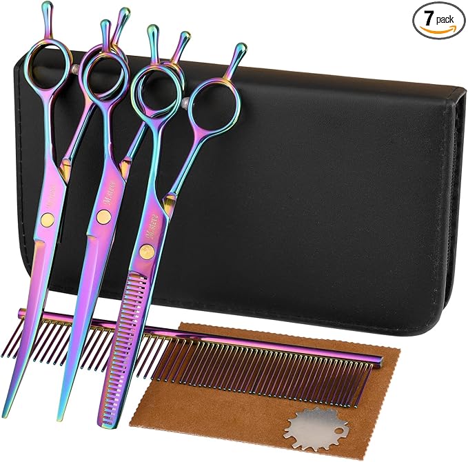 Dog Scissors for Grooming 7 in 1 Professional Pet Cat Hair Cutting Shears Kit At Home for Small Dogs, Including Straight Curved Thinning Scissors with Safety Round Tip, Comb