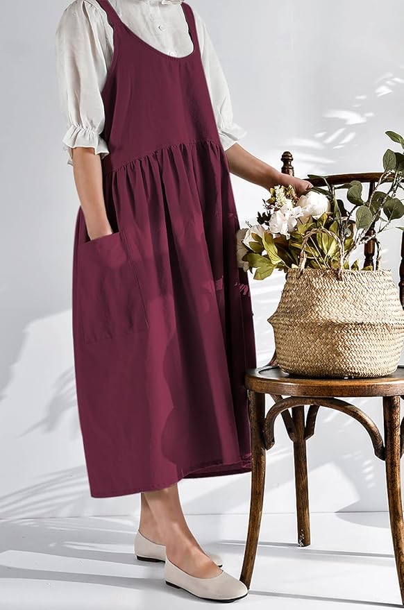 NEWGEM Cotton Linen Cross Back Apron for Women with Pockets Cute Kitchen Cooking Painting Aprons Purplish Red