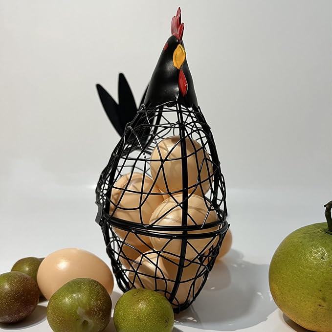 Wire Chicken Egg Basket for Desktop Decorative Ornaments,Egg Holder Chicken Shape Metal Egg Basket for Kids Gathering Fresh Eggs Farmhouse Rooster Wire Basket for Kitchen Countertop Decoration (Black)