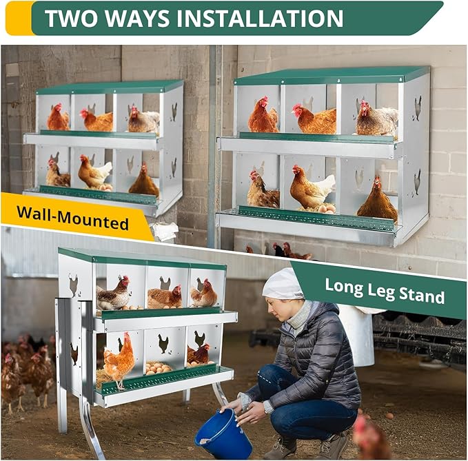 6 Compartment Chicken Nesting Box - Heavy Duty Metal Coop with Roll Away Egg Collection, Perch, Lid Cover for Egg Protection - Wall Mount/Free Standing Nest Box for Chickens, Hens, Ducks