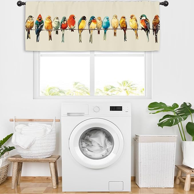 Miyotaa Birds Kitchen Curtain Valance 54W x 18H Rod Pocket Vintage Retro Colorful Window Treatment for Living Room Bedroom Bathroom