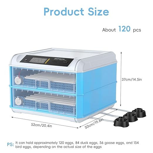 120 Egg Incubator with Automatic Turning & Humidity Control – Dual Power 110V/12V for Home & Car, Adjustable Trays for Chicken Duck Quail, Digital Display, High Hatch Rate (Blue Double-Layer)