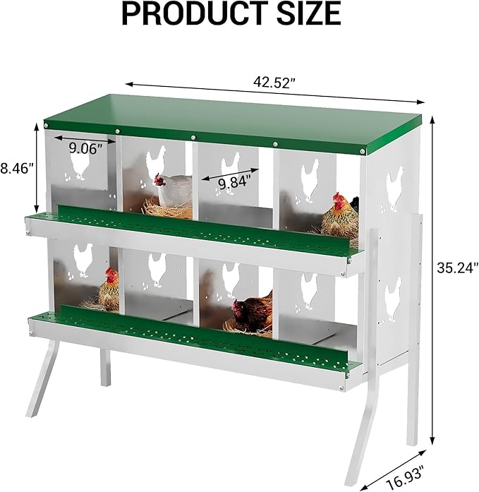 8 Hole Chicken Nesting Box, Galvanized Steel Nesting Boxes with Vented Design, Laying Nesting Boxes for Hens, Wall Mount, Green with Stand